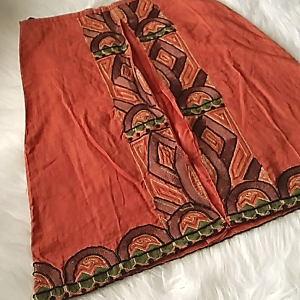 SKIRT BEADED EMBROIDERED A-LINE ORANGE KNEE LENGHT LINEN LINED SMALL WOMEN SMALL